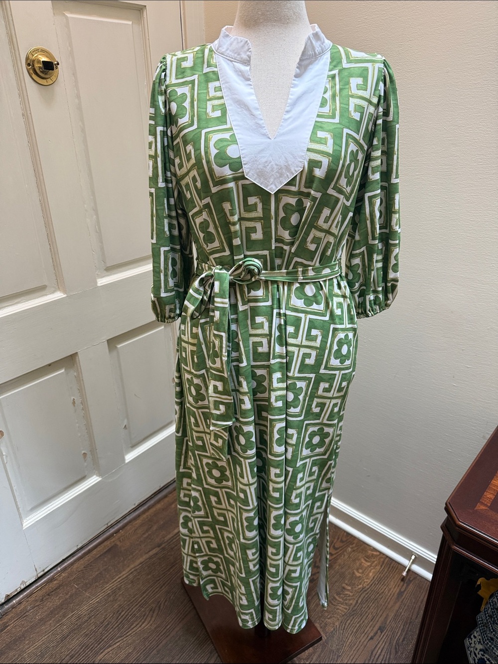 Green Geometric & Floral Maxi Dress with Waist Tie